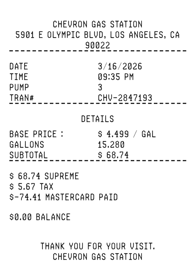 Fuel Receipt — example receipt