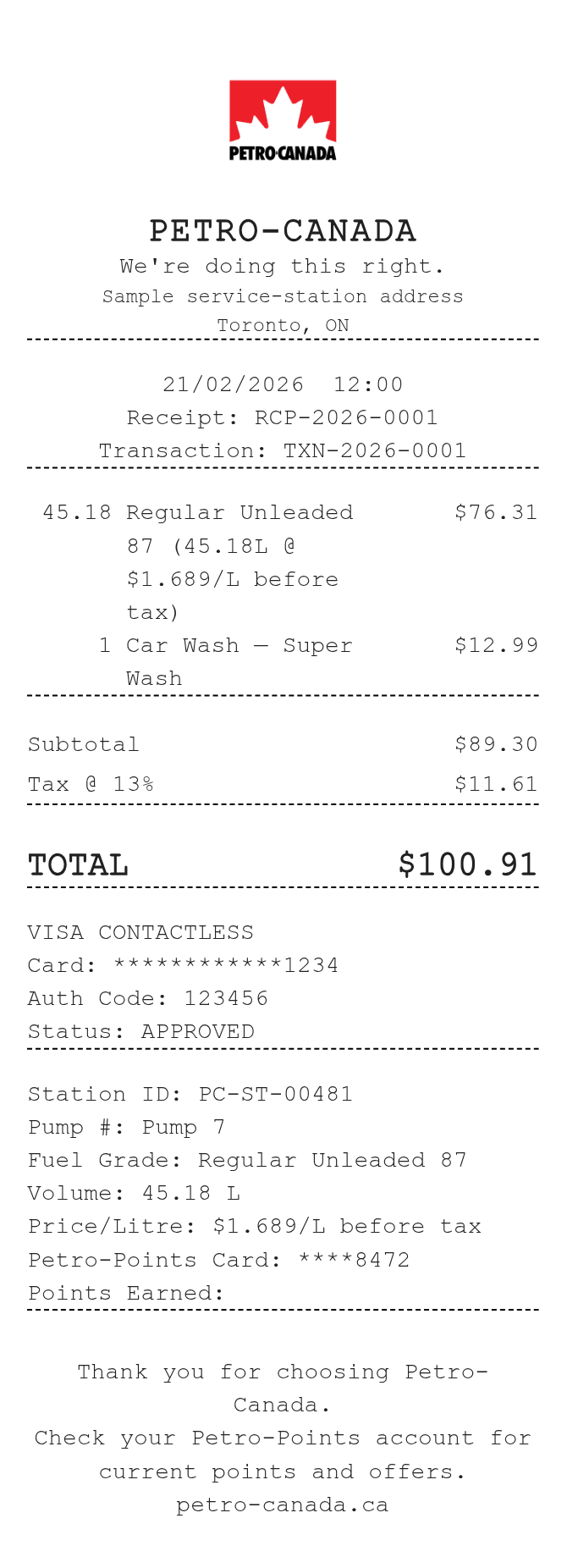 Petro Canada Receipt — example receipt