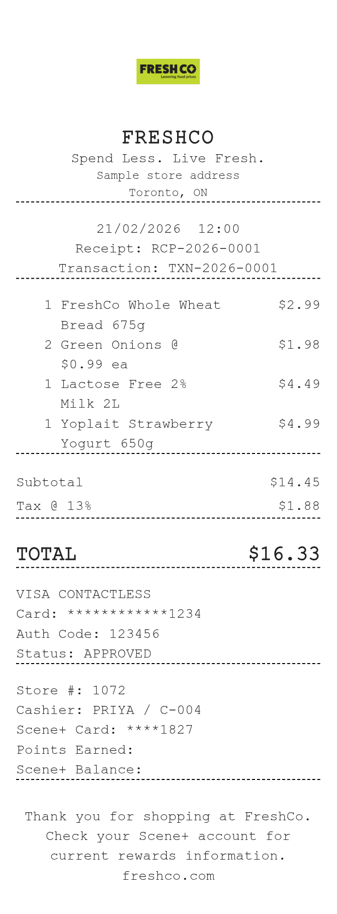 Freshco Canada Receipt — example receipt