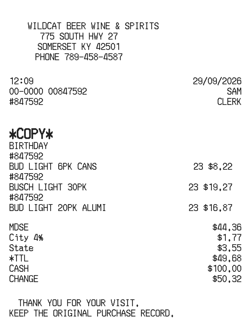 Liquor Receipt — example receipt