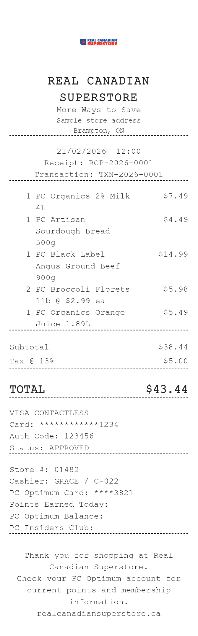 Superstore Canada Receipt — example receipt