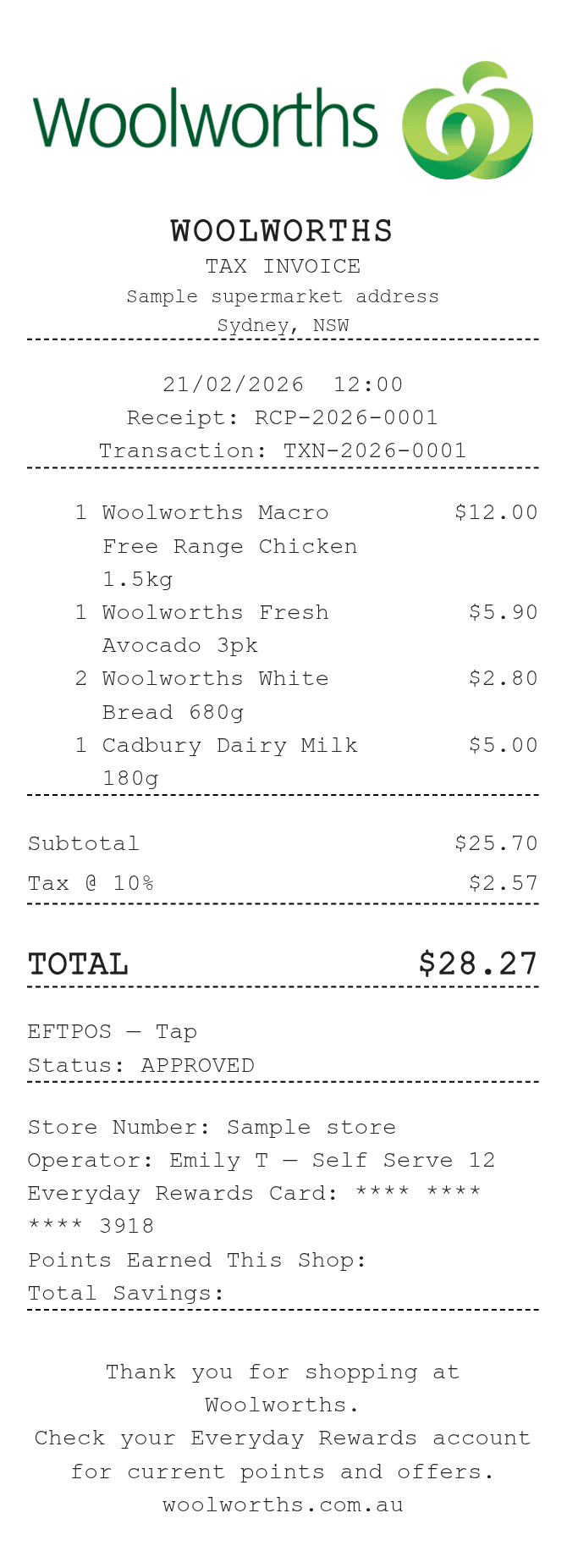 Woolworths Receipt — example receipt