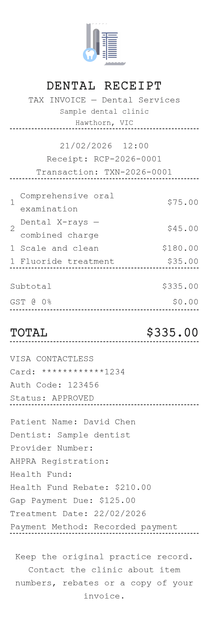 Dental Receipt (Australia) — example receipt