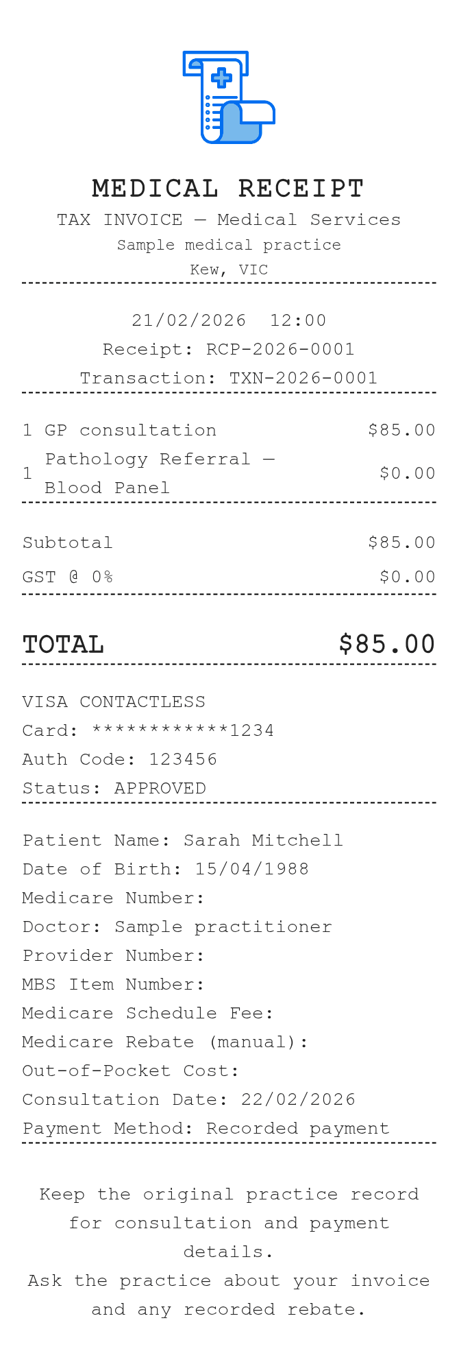 Medical Receipt — example receipt