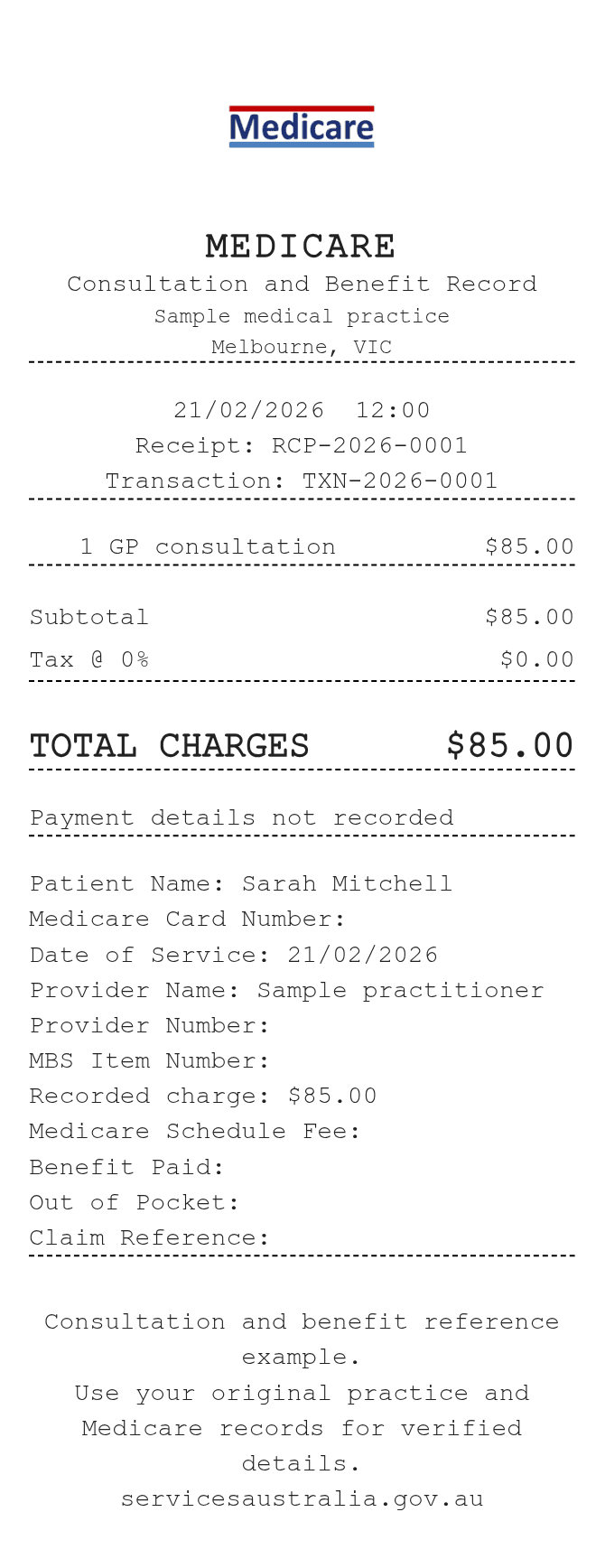Medicare Receipt — example receipt