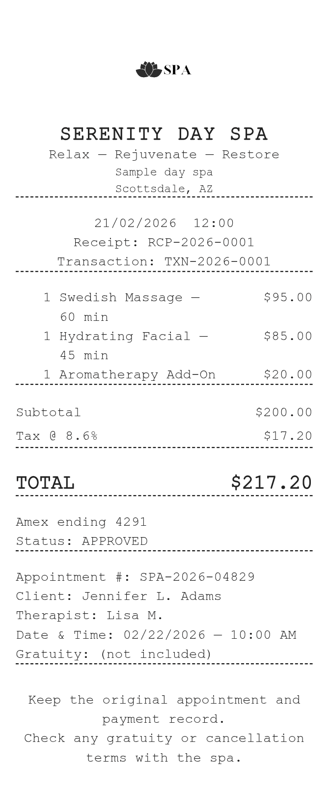 Spa Receipt — example receipt