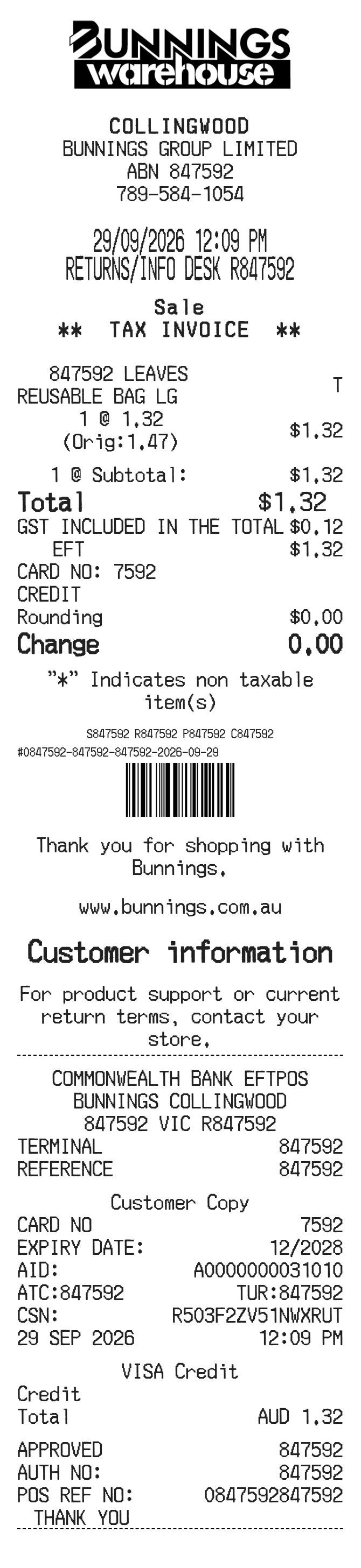 Bunnings Receipt — example receipt