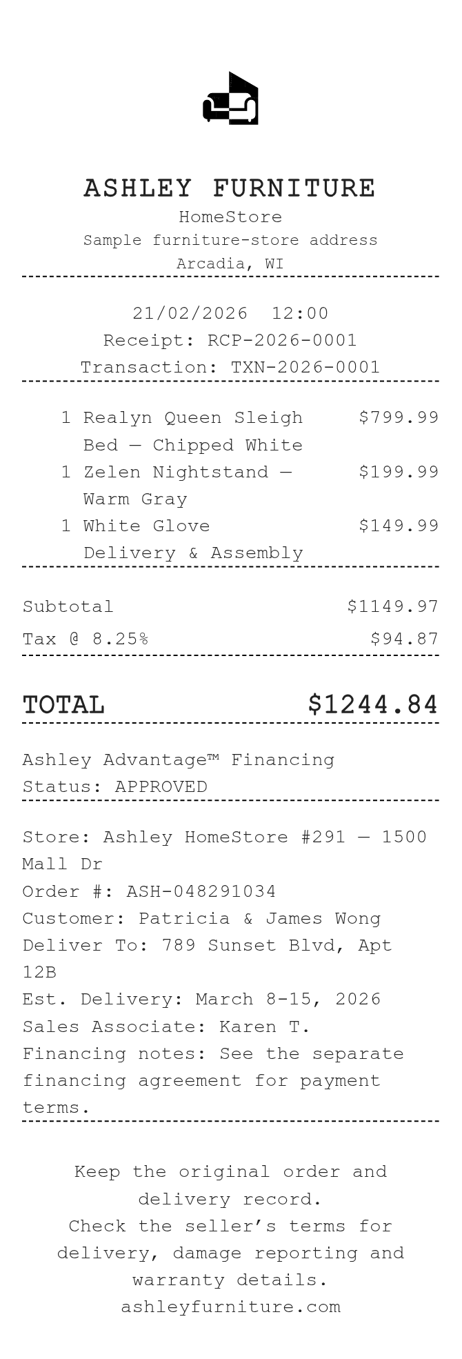 Furniture Receipt — example receipt