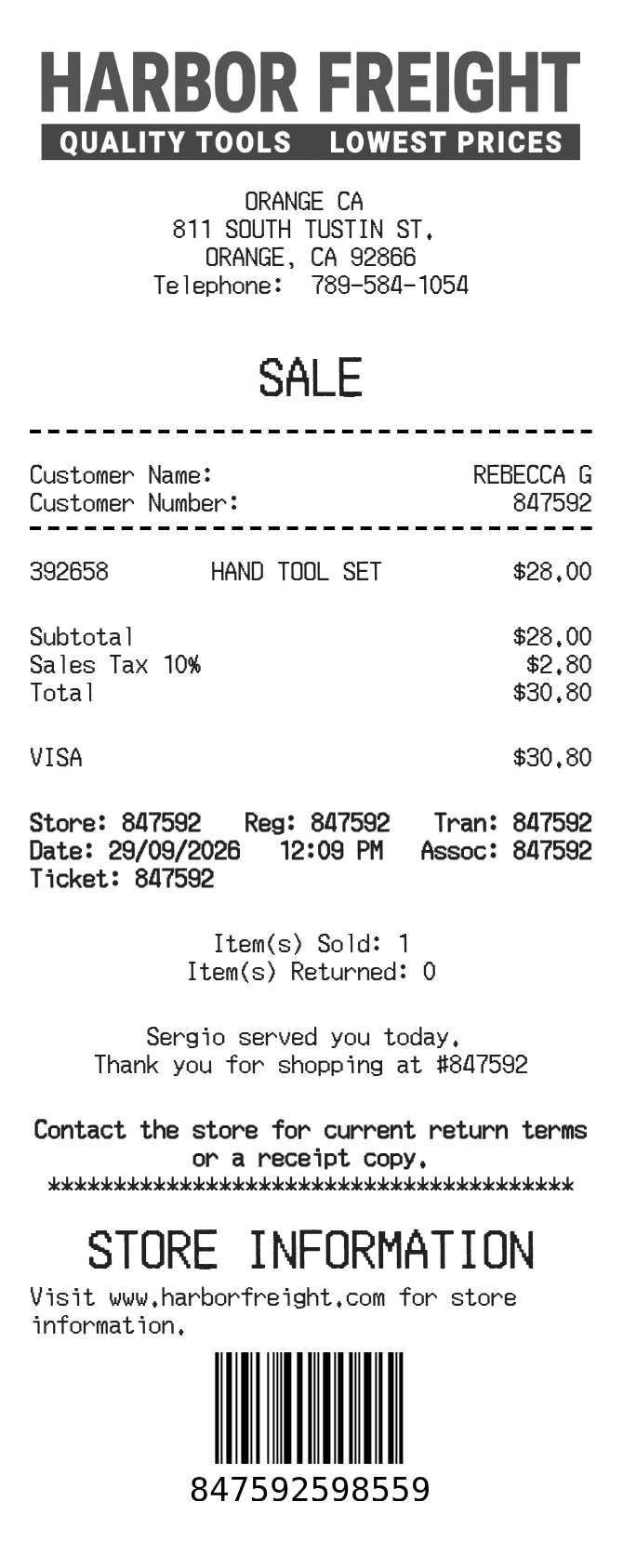 Harbor Freight Receipt — example receipt