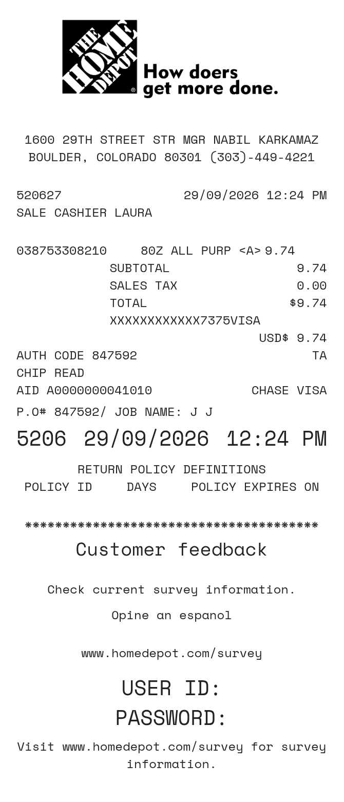 Home Depot Sample Receipt — example receipt