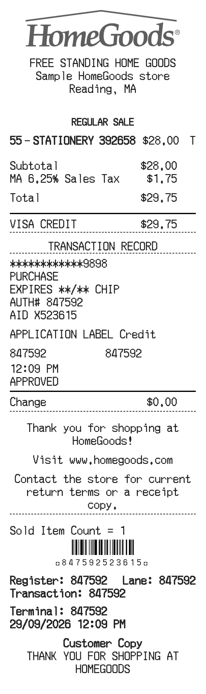 Home Goods Receipt — example receipt