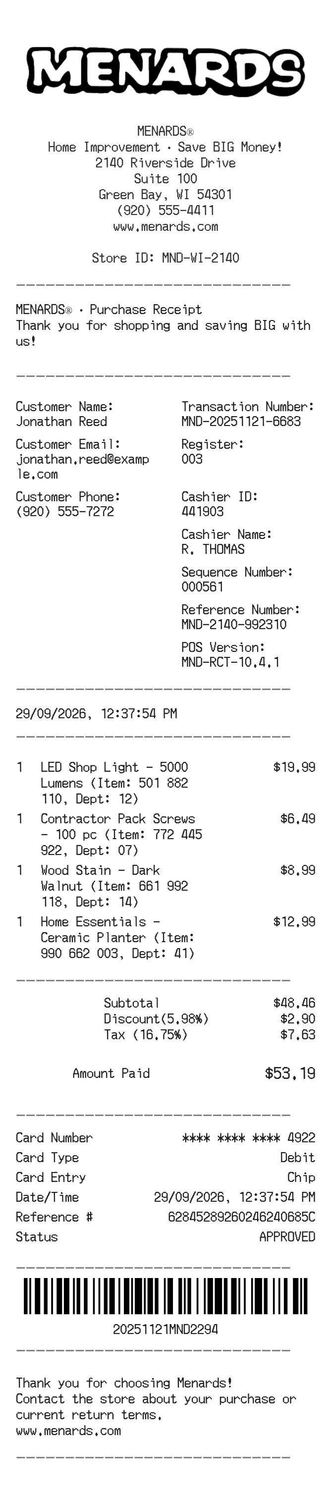 Menards Receipt — example receipt