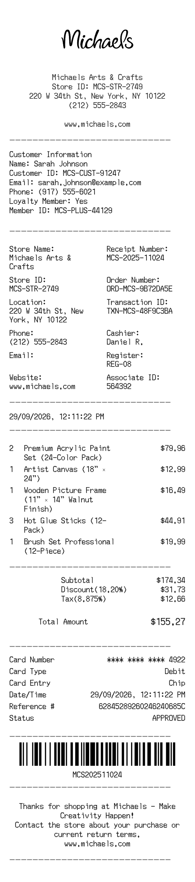 Michaels Receipt — example receipt