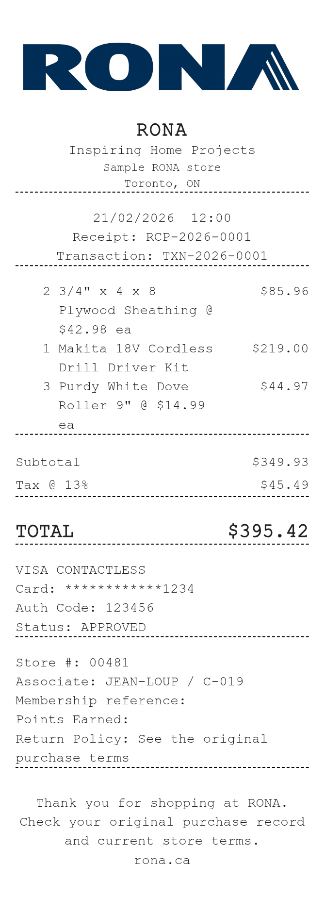 Rona Canada Receipt — example receipt