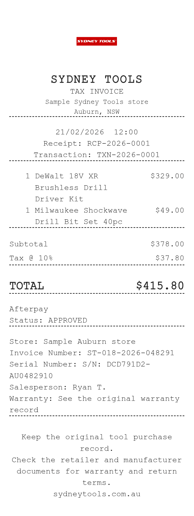 Sydney Tools Receipt — example receipt