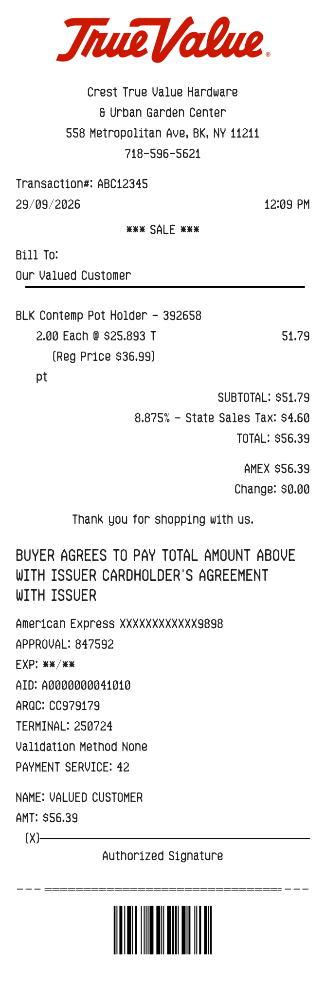 TrueValue Receipt — example receipt