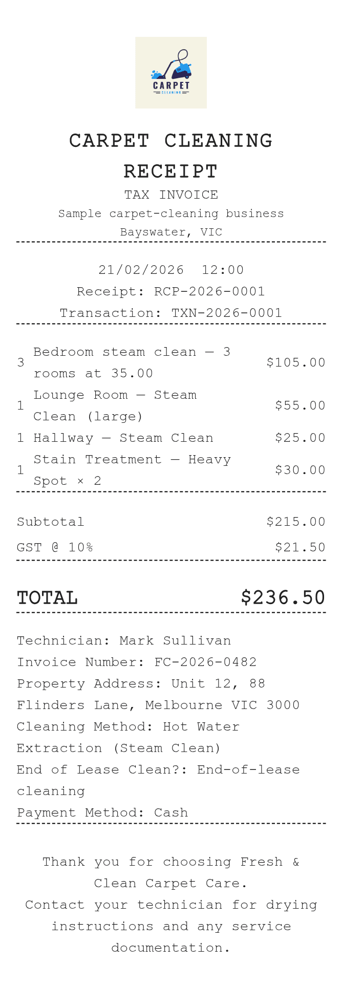 Carpet Cleaning Receipt — example receipt