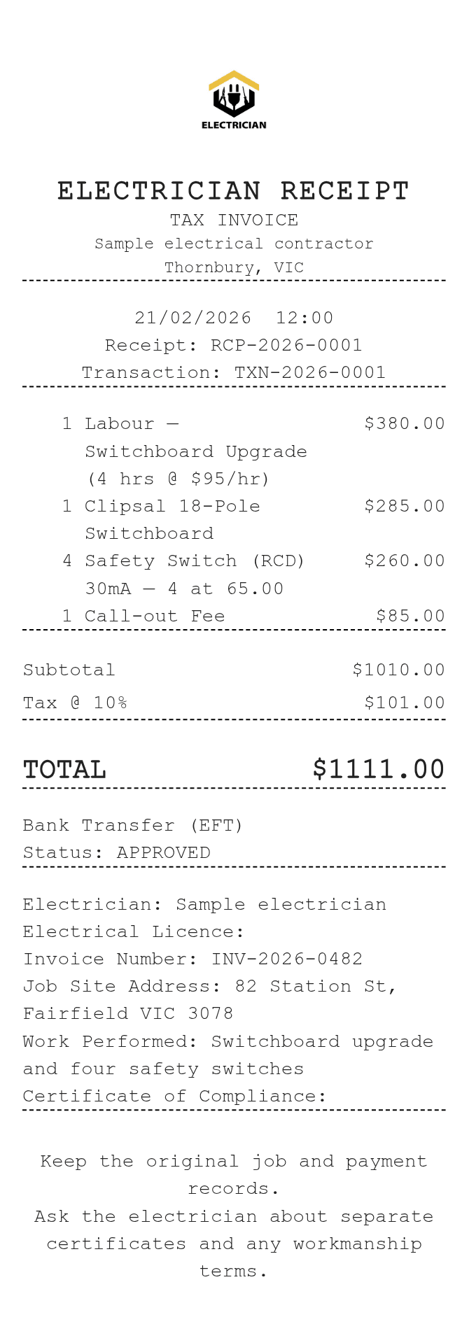 Electrician Receipt — example receipt