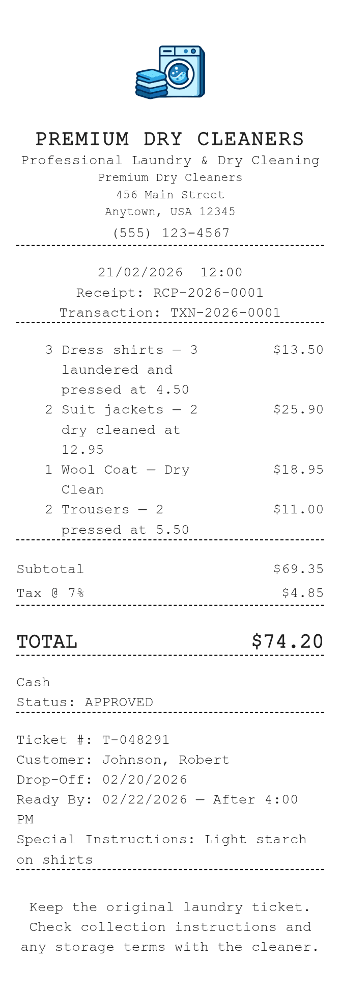 Laundry Receipt — example receipt