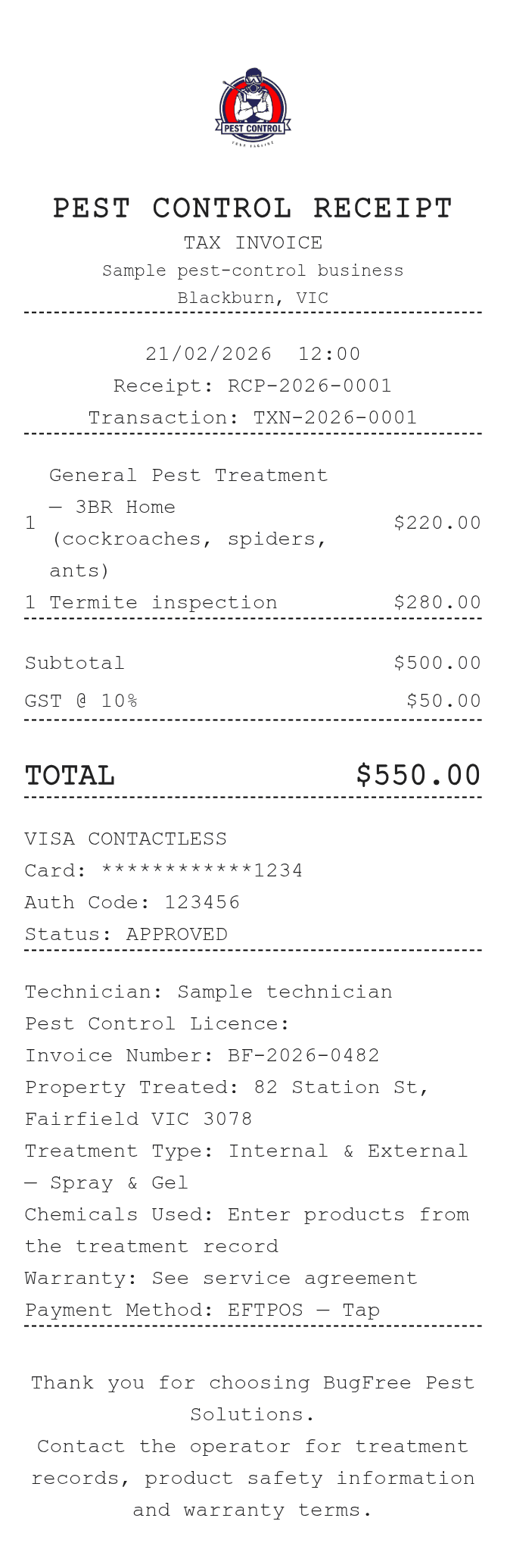 Pest Control Receipt — example receipt