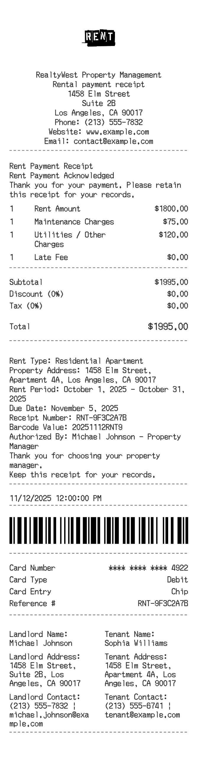 Rent Receipt — example receipt