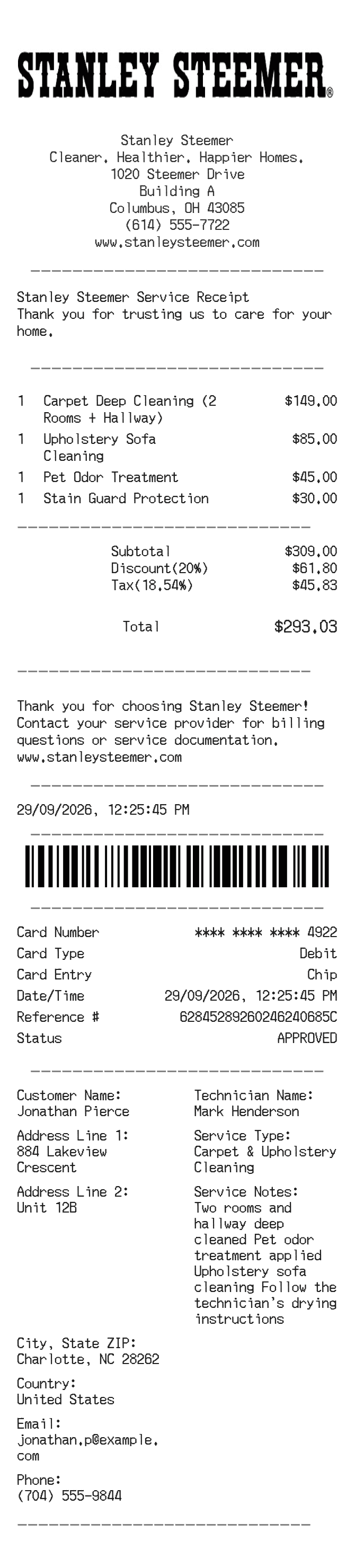Stanley Steemer Receipt — example receipt