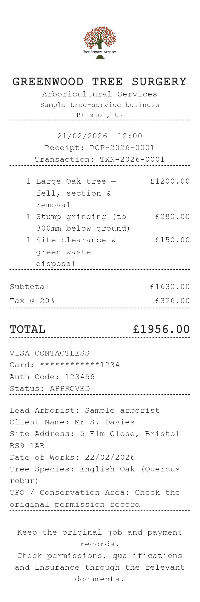 Tree Removal Receipt — example receipt