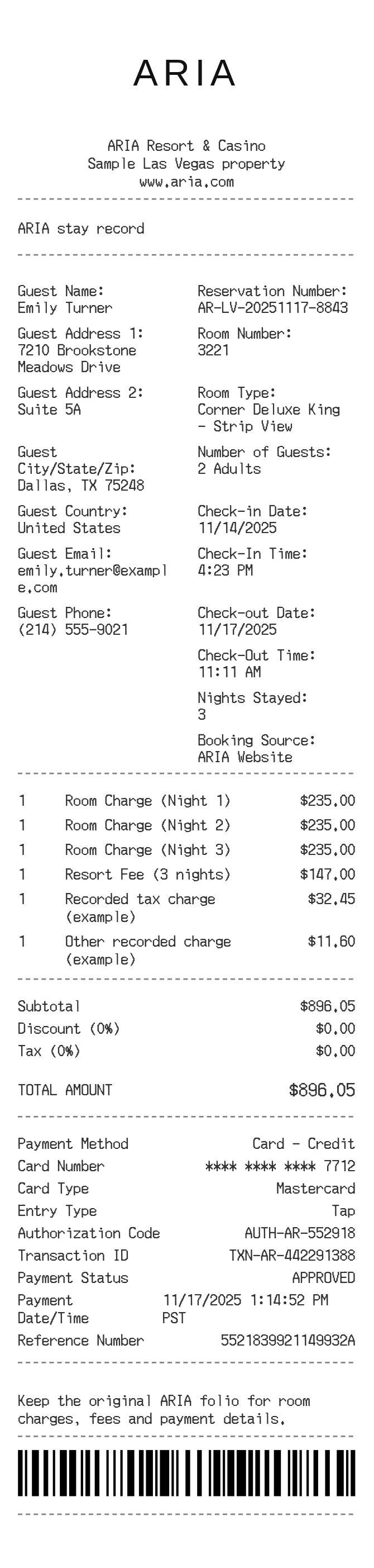 Aria Hotel Receipt — example receipt
