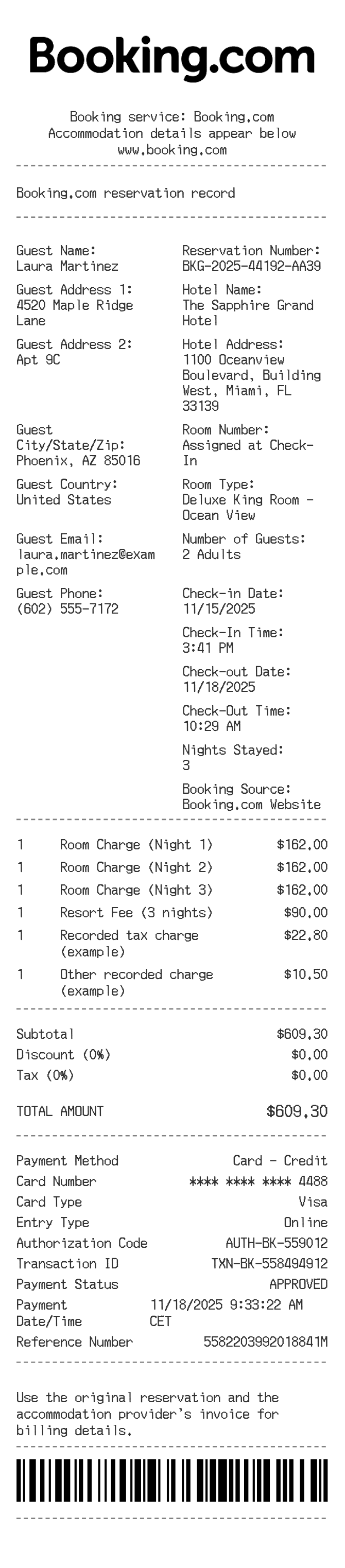 Booking.com Receipt — example receipt