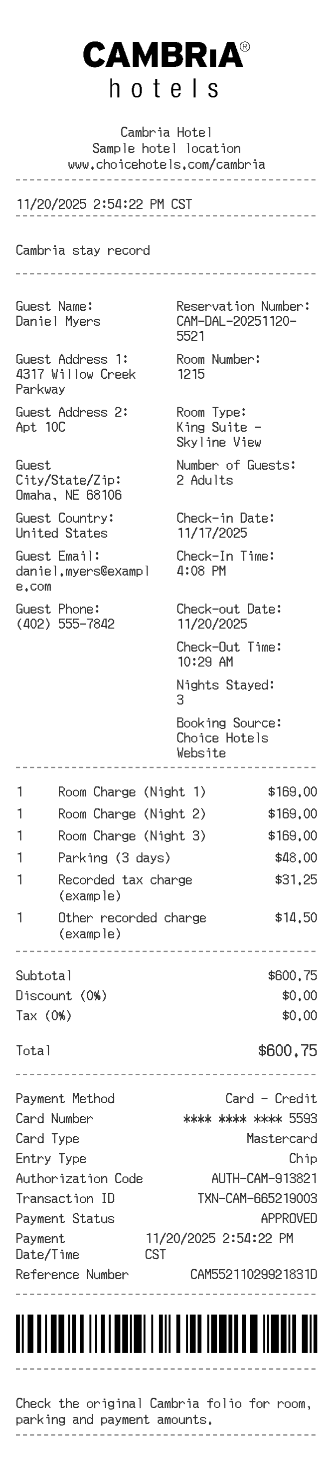 Cambria Hotel Receipt — example receipt