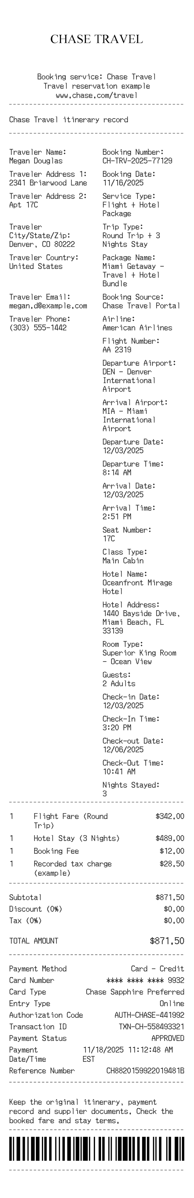 Chase Travel Receipt — example receipt