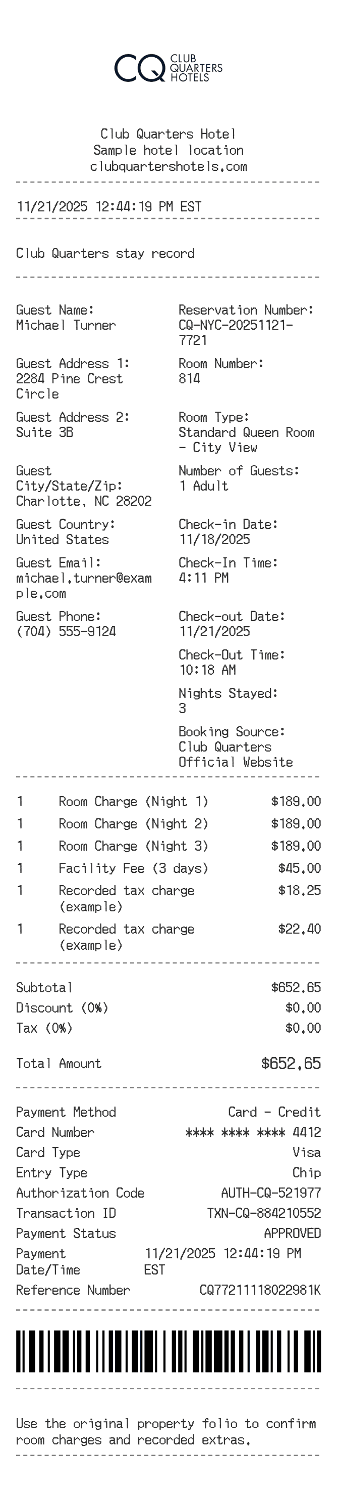 Club Quarters Receipt — example receipt
