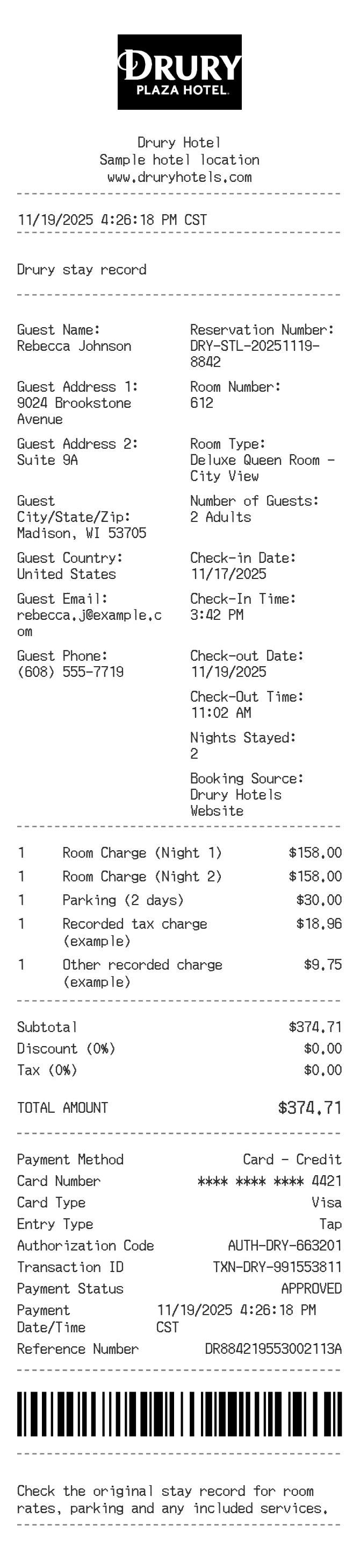 Drury Hotels Receipt — example receipt