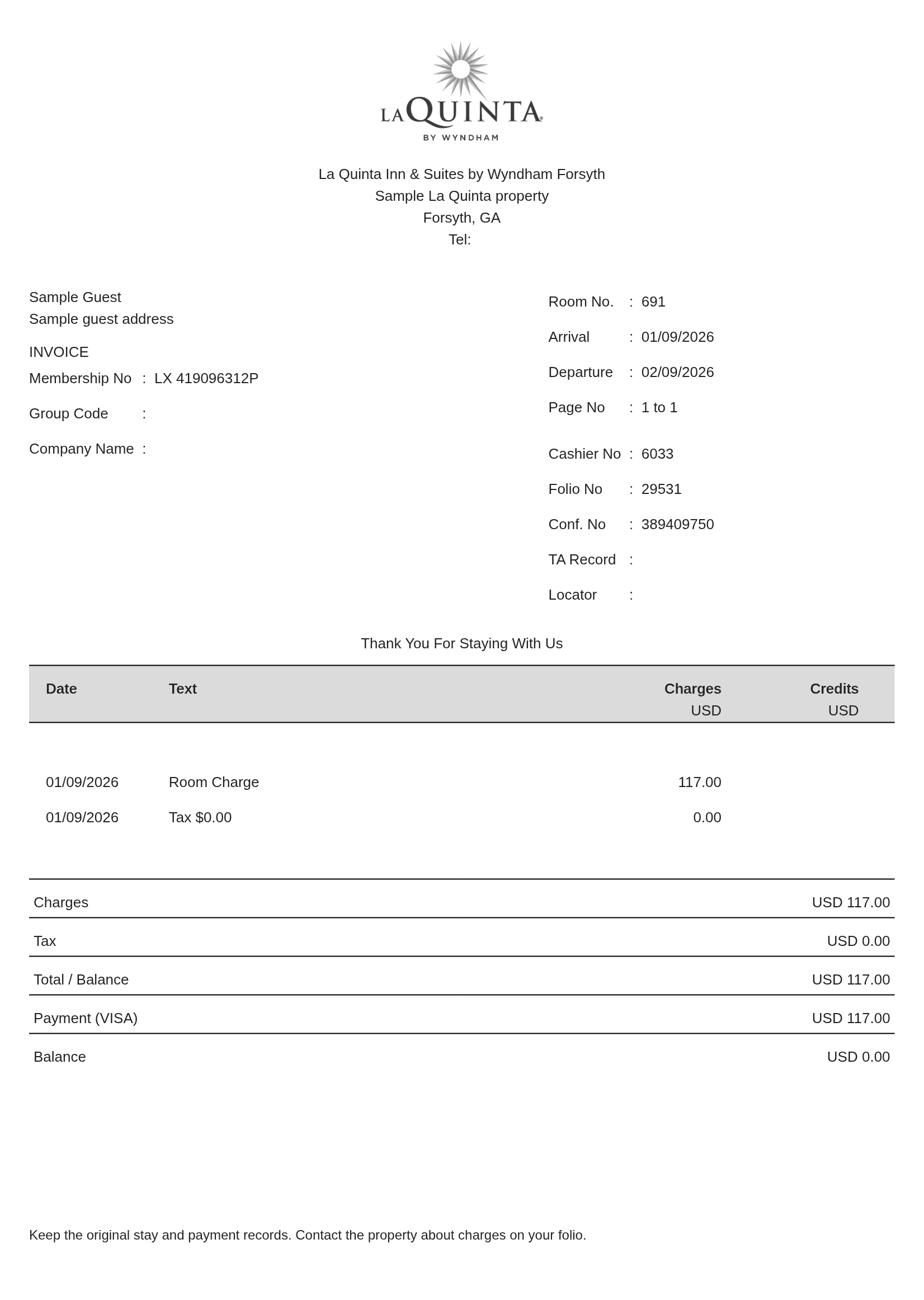 La Quinta Receipt — example receipt