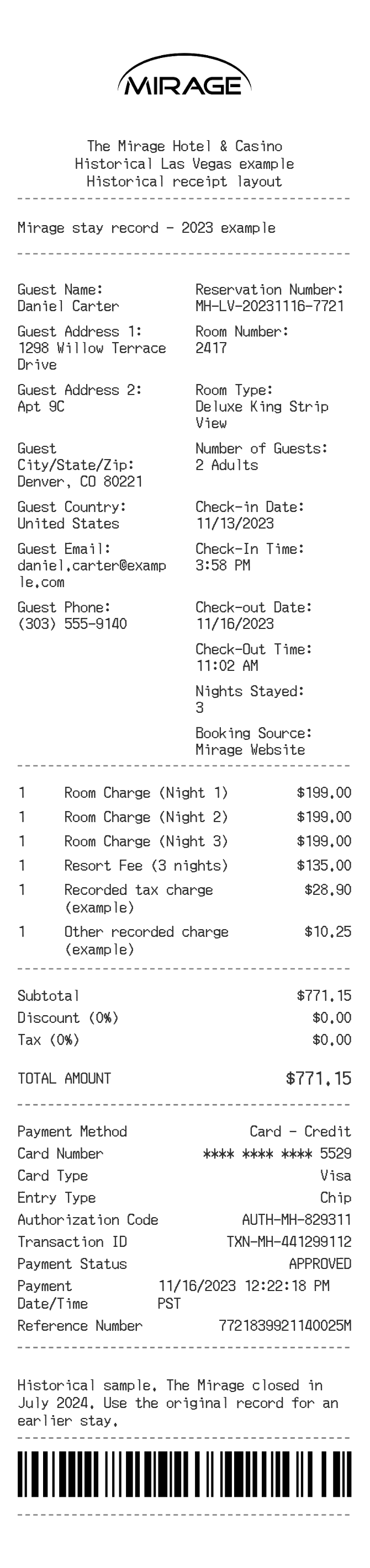 Mirage Receipt — example receipt