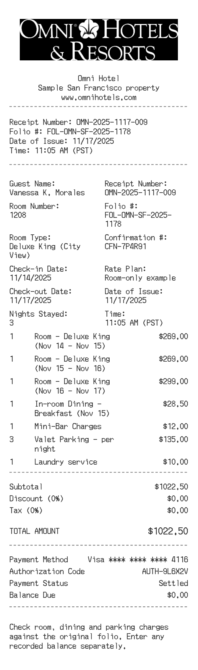 Omni Hotel Receipt — example receipt