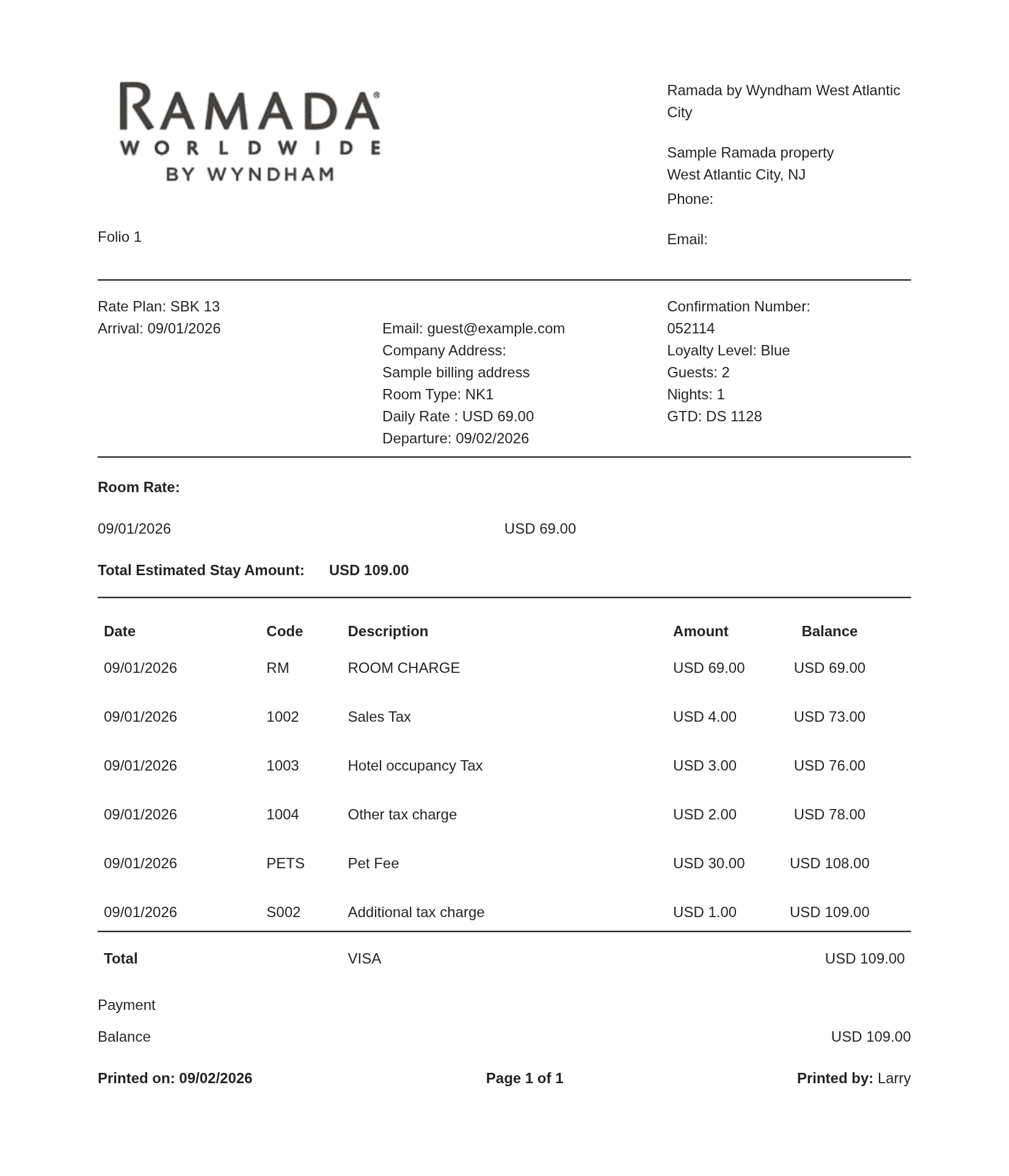 Ramada Receipt — example receipt