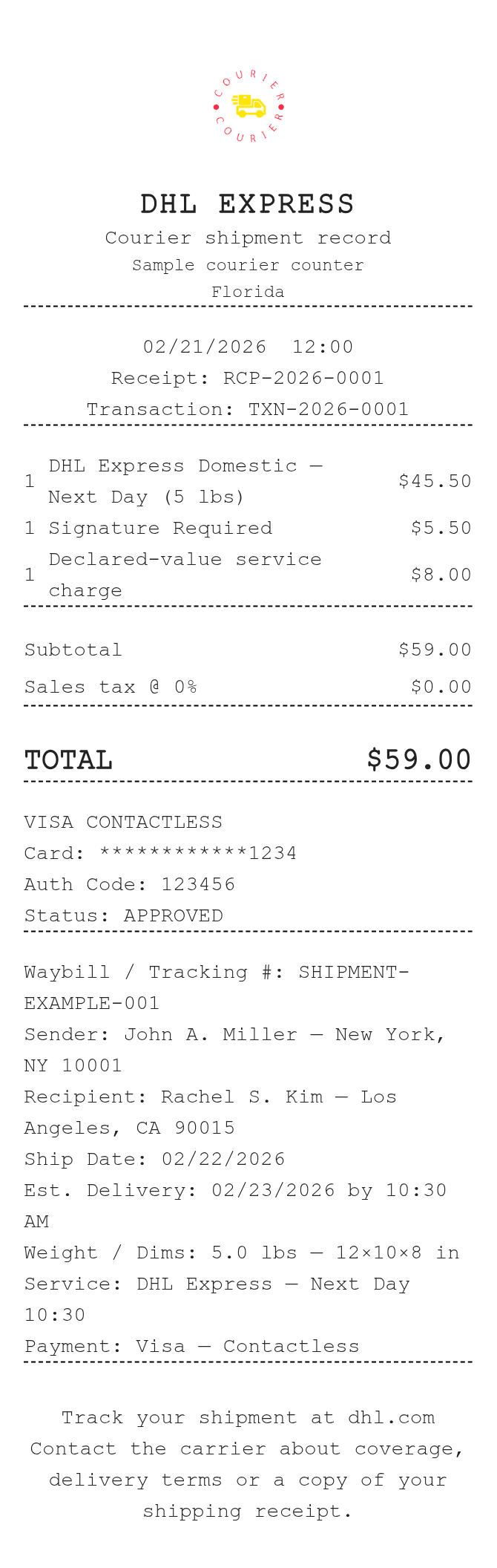 Courier Receipt — example receipt