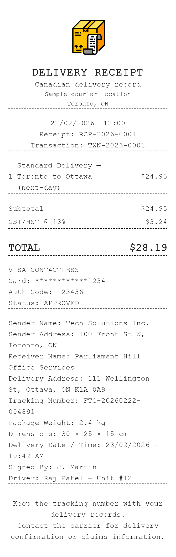 Delivery Receipt (Canada) — example receipt