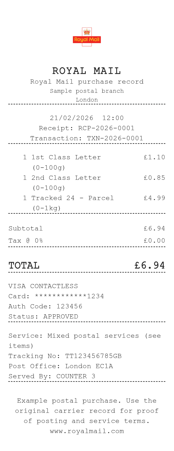 Royal Mail Receipt — example receipt