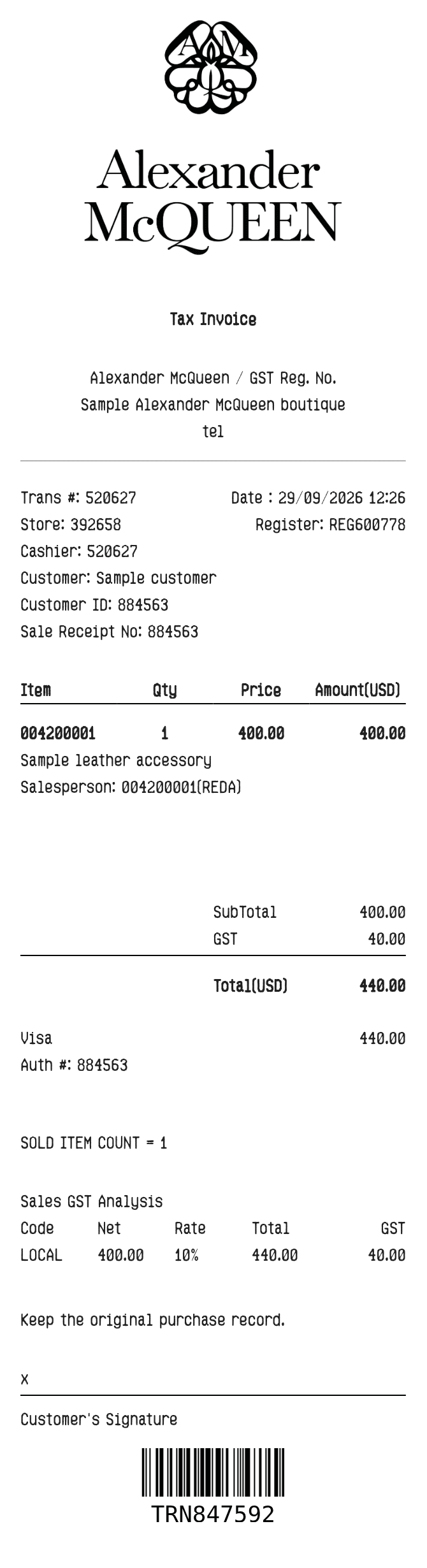 Alexander Mcqueen Receipt — example receipt