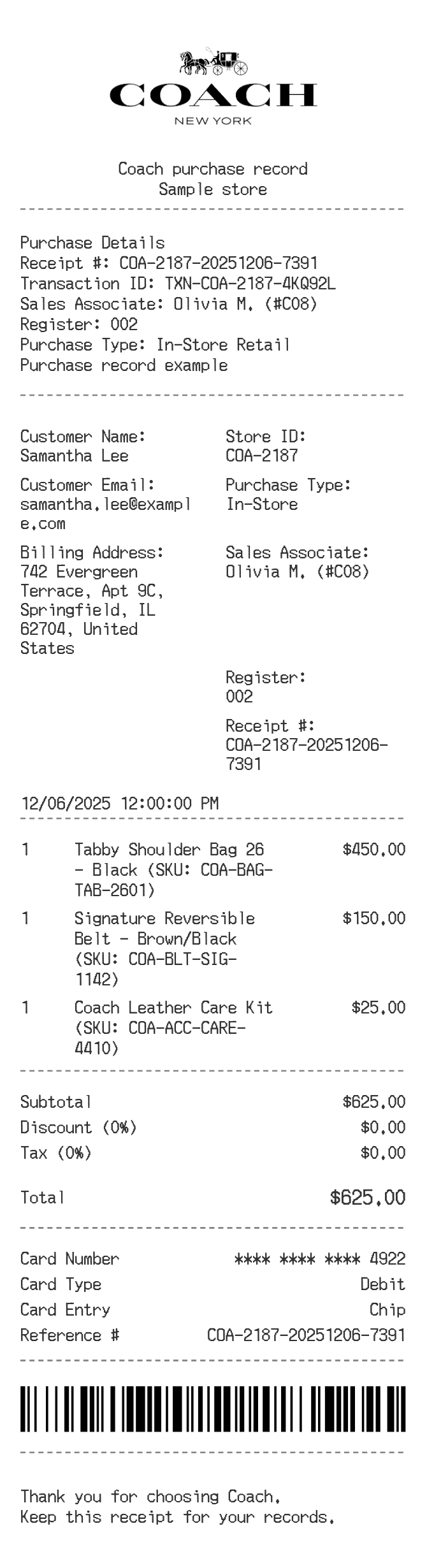 Coach Receipt — example receipt