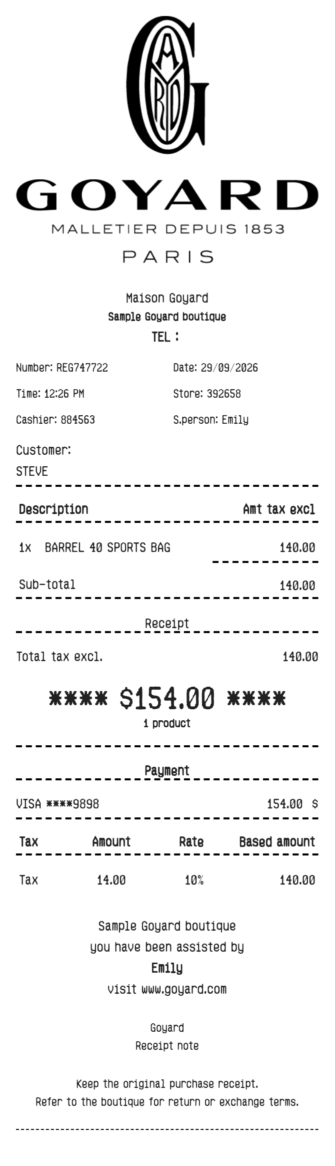 Goyard Receipt — example receipt
