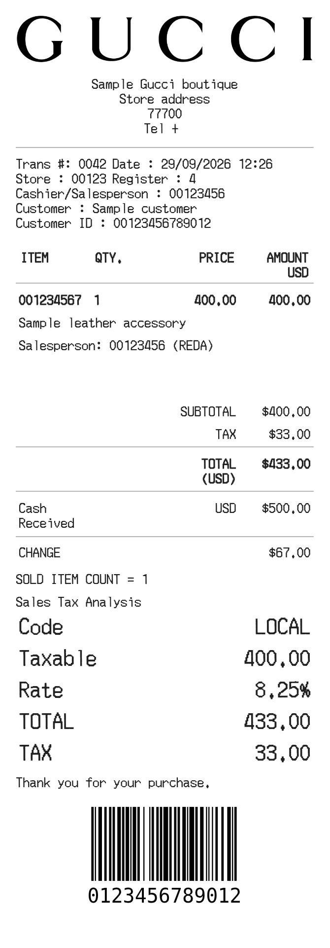 Gucci Receipt — example receipt