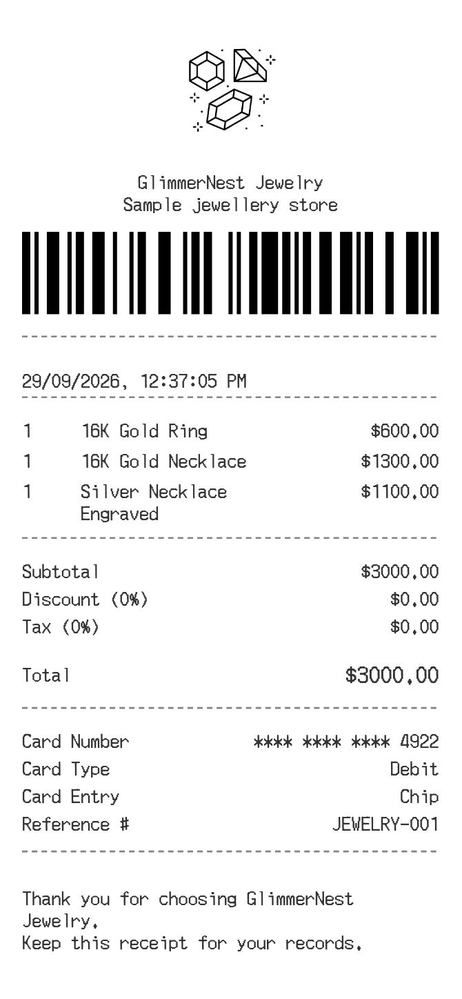 Jewelry Receipt — example receipt
