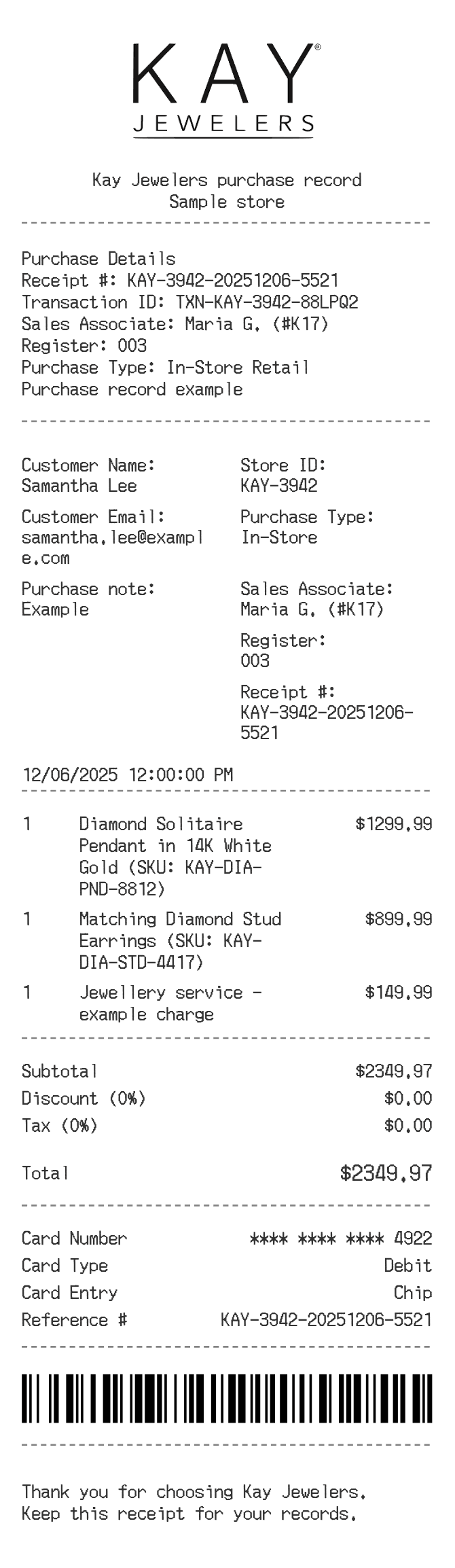 Kay Jewelers Receipt — example receipt