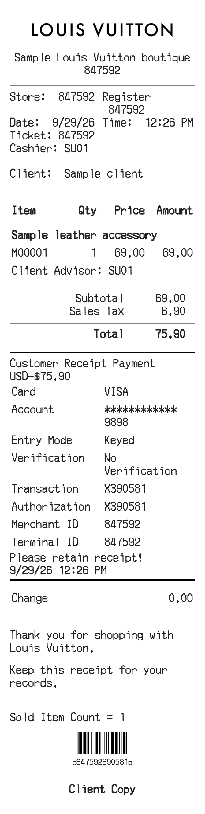 Louis Vuitton Receipt — example receipt