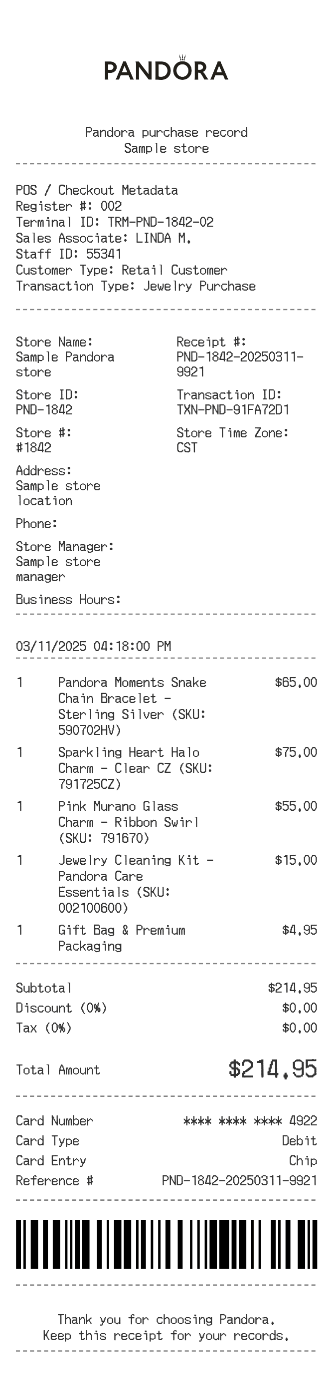 Pandora Receipt — example receipt