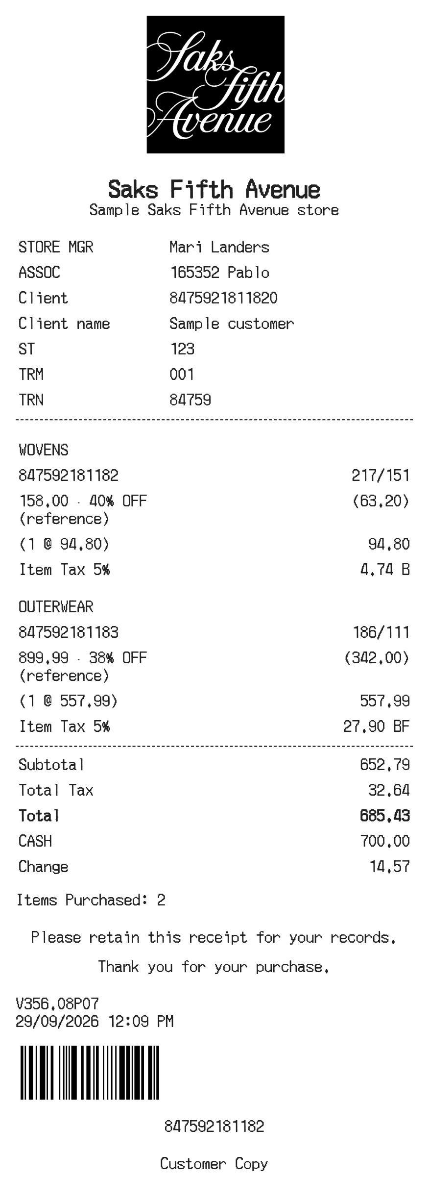 Saks Fifth Avenue — example receipt