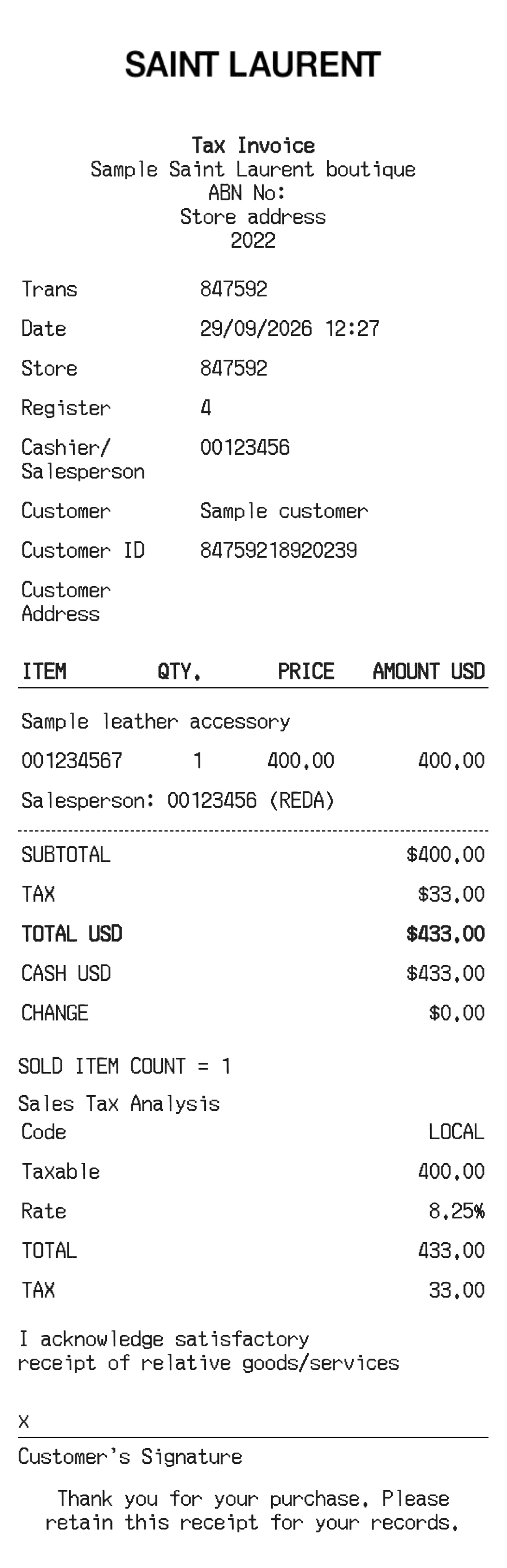 YSL Receipt — example receipt